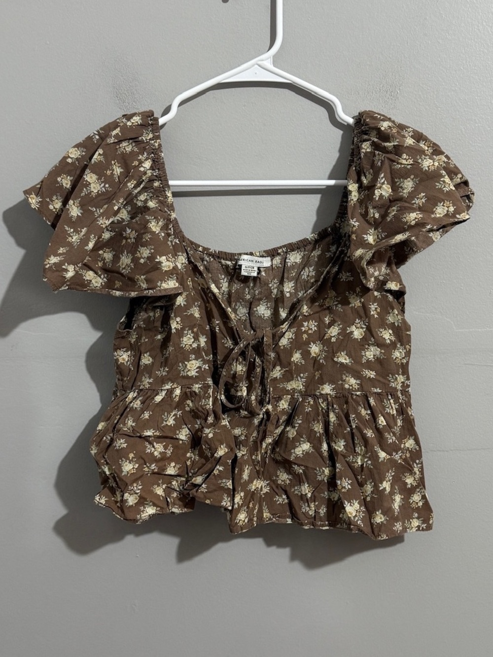 American Eagle Top Women S Brown Floral Peplum Puff Sleeve Tie Front Cottagecore - Picture 2 of 11